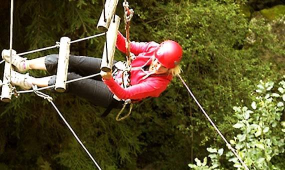 Femme sur un pont de singe verticale