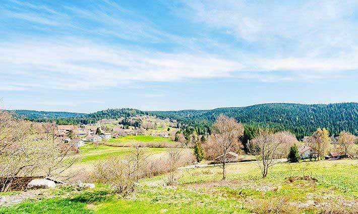 Vue du village de Liézey depuis le chemin des écoliers, grand ciel bleu et sapin en fond