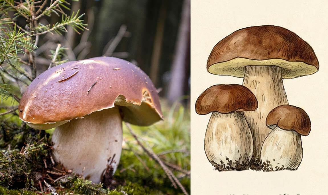 Photo d’un cèpe et son équivalent dessiné