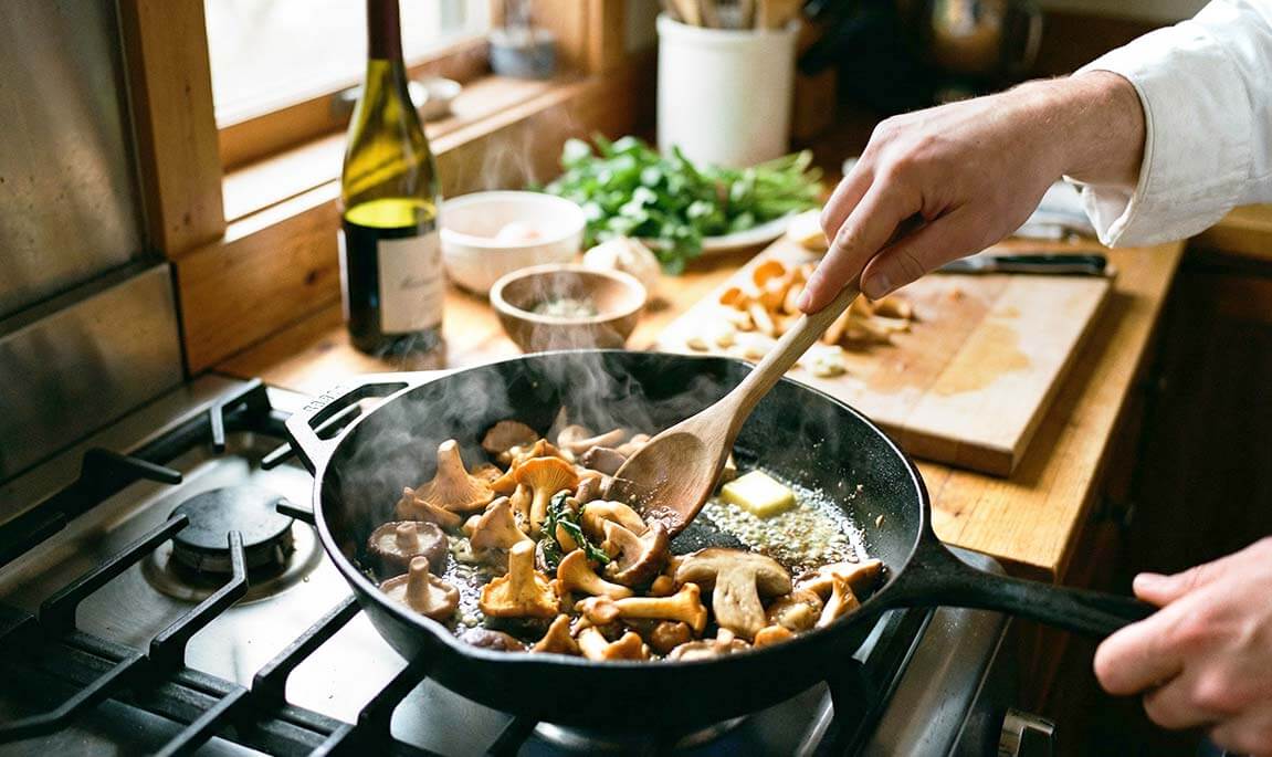 Une poêle de champignons qui mijote sur le feu