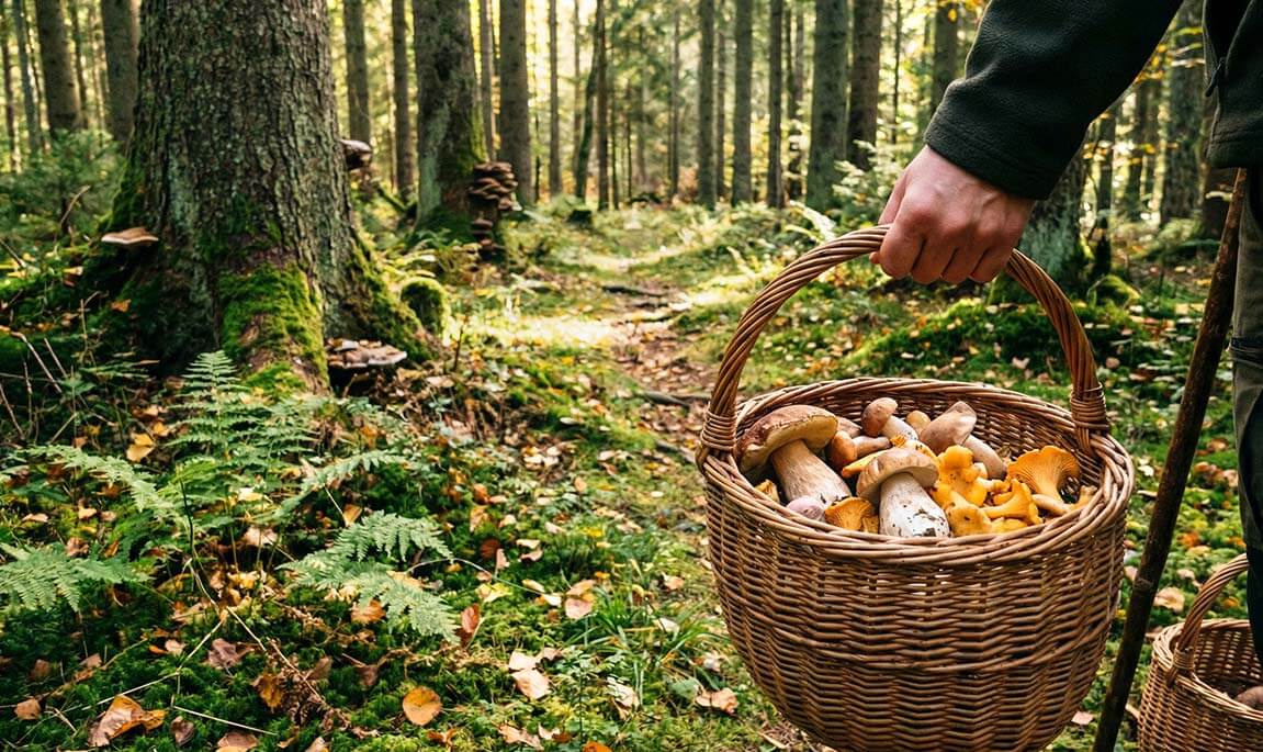 Dans une foret, un homme tient un panier rempli de champignon