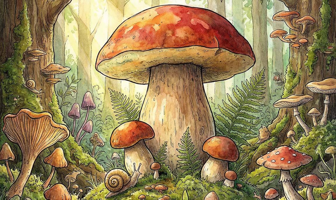 Illustration de très gros champignons imaginaire au milieu d’une foret
