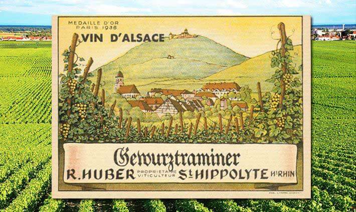 Etiquette ancienne de Gewurztraminer, vin d’alsace et Saint-Hippolyte